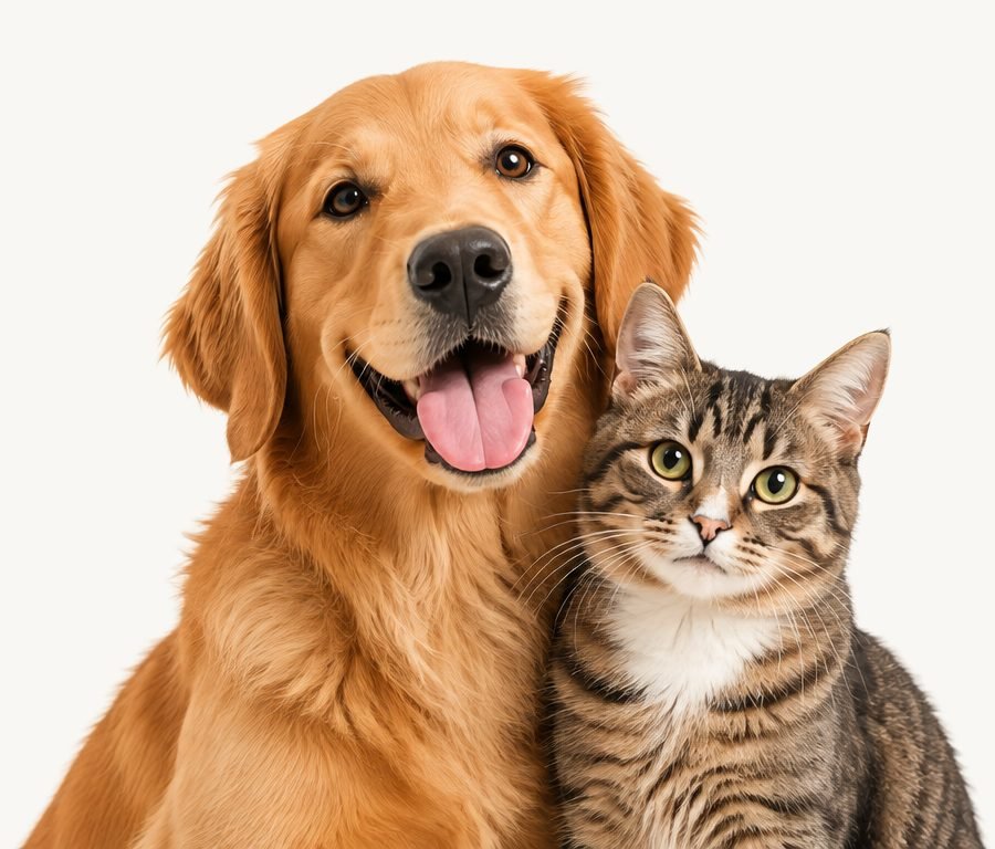 Um cachorro golden retriever e um gato rajado lado a lado